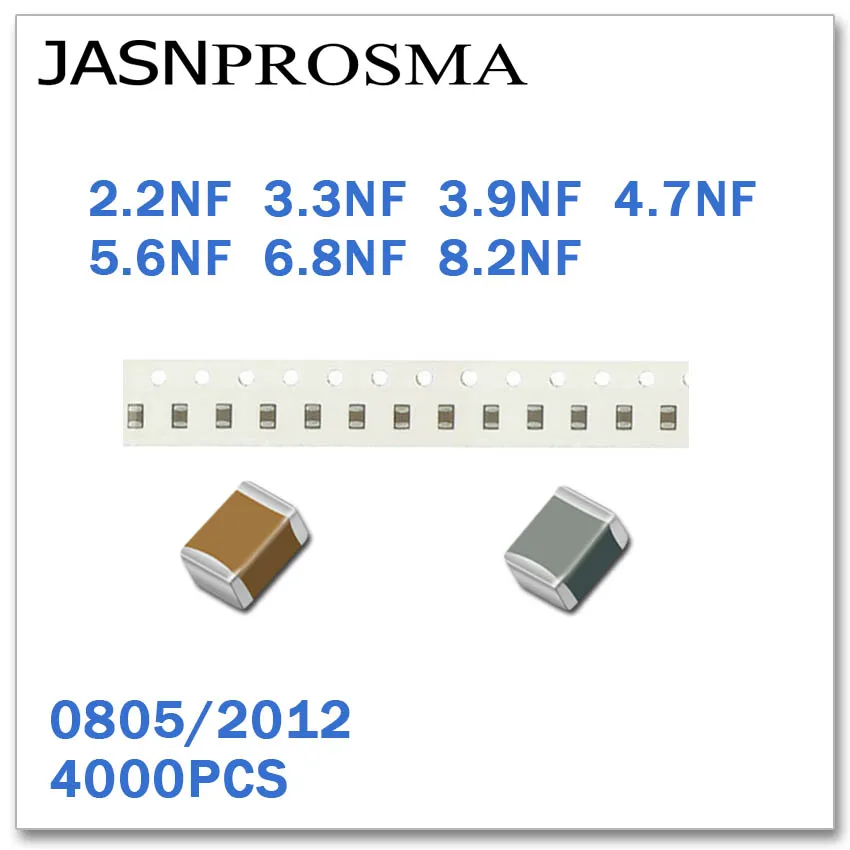 JASNPROSMA 0805 2012 4000 шт. с алюминиевой крышкой, 50В 2.2NF 3.3NF 3.9NF 4.7NF 5.6NF 6.8NF 8.2NF SMD, высокое качество постоянной ёмкости, универсальный конденсатор новых