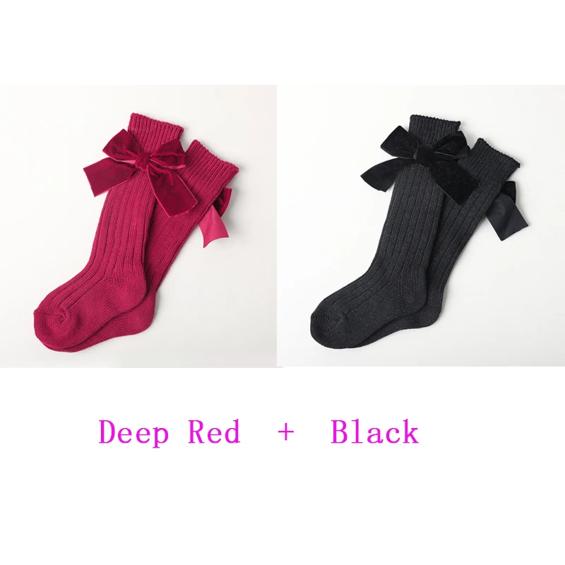 Deep Red Black Детские носки для девочек, зимние детские носки толстые вязаные носки для маленьких девочек, теплые хлопковые носки Модные бархатные носки с бантом - Цвет: Deep Red Black