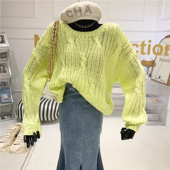 

Korean Fashion Hollow Out Sweater Long-Sleeved Knitted Women's 2020 New Loose O-Neck Solid Top High Street O-Neck Cute Sweater