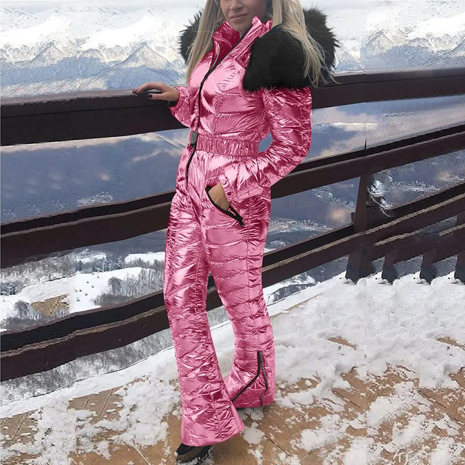 Chaquetas de esquí 2021, mono de invierno de piel con capucha para mujer,  mono de algodón de una pieza para mujer, trajes de nieve para deportes al