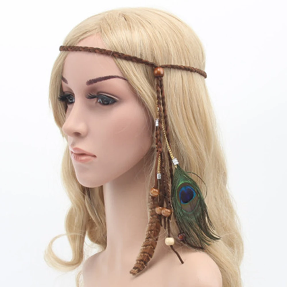 Indian Feathers Headband Tassel Velvet Rope Boho Hairband Festival Headdress