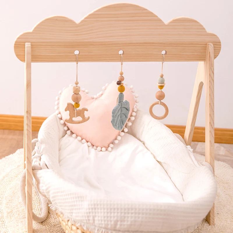 Baby Wooden Teether Gym Play Toys Cotton Leaves Mat Natural Wooden Rodent Stroller Chain Hanging Baby Toy Mobile Bed Holder Gift