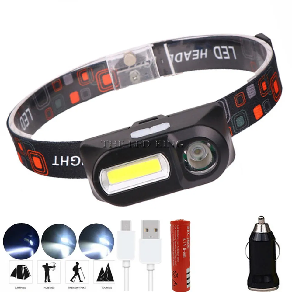  LED 18650 충전식 전조등 COB 회전식 모자 램프 캠핑을위한 방수 작업 ..