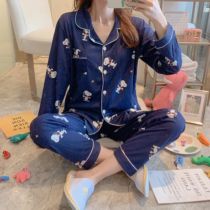 

Cartoon Snoopy Patterned Pajama Sets For Women Spring Autumn Long Sleeve Trousers Lapel Pyjamas Female Casual Pijama Sleepwear