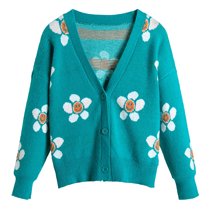 

2019 Floral Print Women Knitted Cardigan Sweater Leisure Autumn Winter Long Sleeve Sweater Casual Loose Ladies Outwear Coat