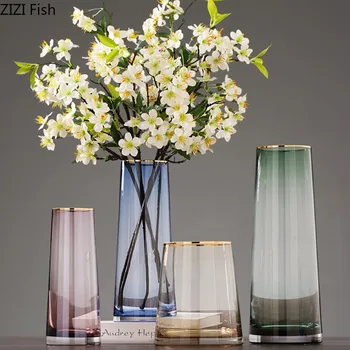 

Nordic Flower Vase Home Decorations Gold Rim Gradient Color Glass Vase Hydroponic Flowers Flower Pot Home Decoration Accessories