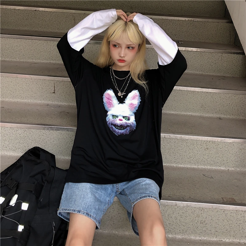 Lychee Harajuku, о-образный вырез, Лоскутная женская футболка, длинный рукав, Поддельные 2 штуки, осенние женские футболки, принт с темным Кроликом, женская футболка