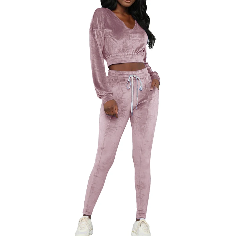 

2019 Women's Fashion Tracksuits Sets Casual Sporting Autumn Long Sleeves Sexy Suits Solid Color Crop Tops 2 Pieces Outfits Sets