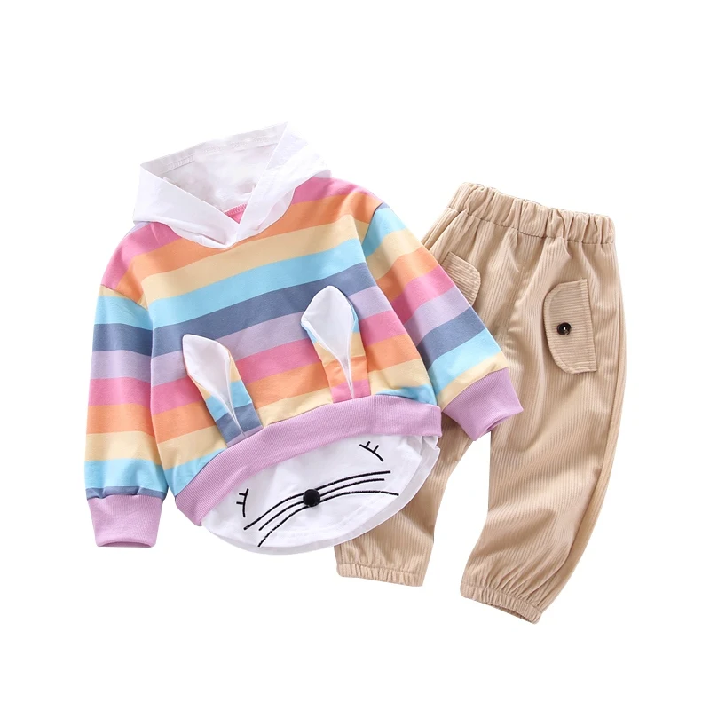 

Smartbaby Rainbow Girls Sets Autumn Rabbit Children Long Sleeve Hoodie Sweatshirt +Pants 2PCS Kids Suit Costume Children Clothes