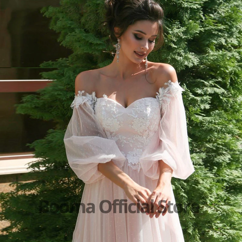 Boho/Свадебные платья с открытыми плечами в стиле бохо, кружевные мягкие тюлевые пляжные платья в горошек с коротким рукавом, кружевное праздничное платье принцессы