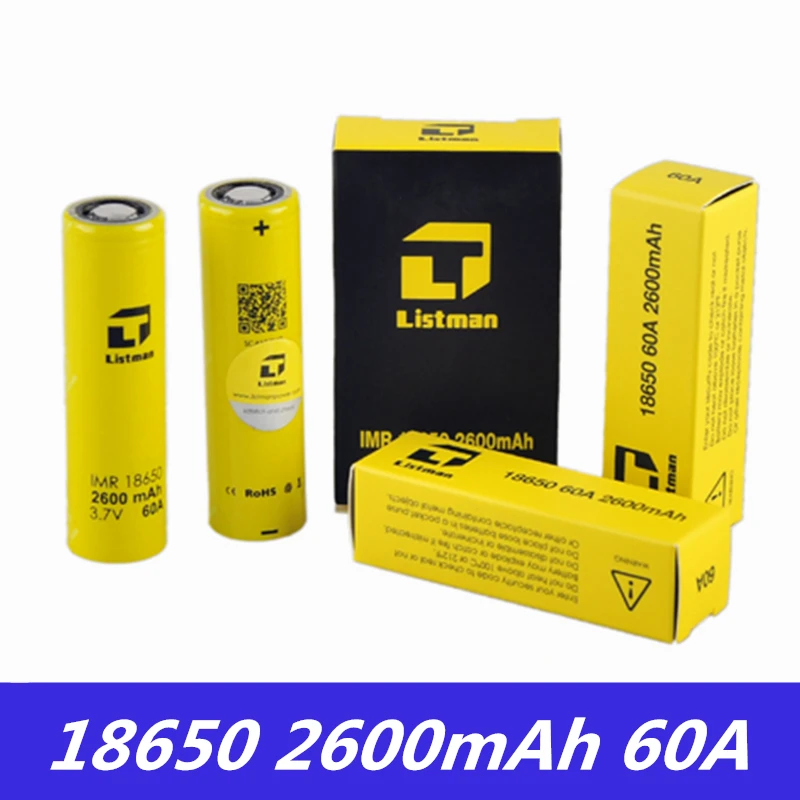 Listman IMR 18650 Аккумулятор для бокс мод электронных сигарет 3 7 V 60A 2600mAh литий ионная