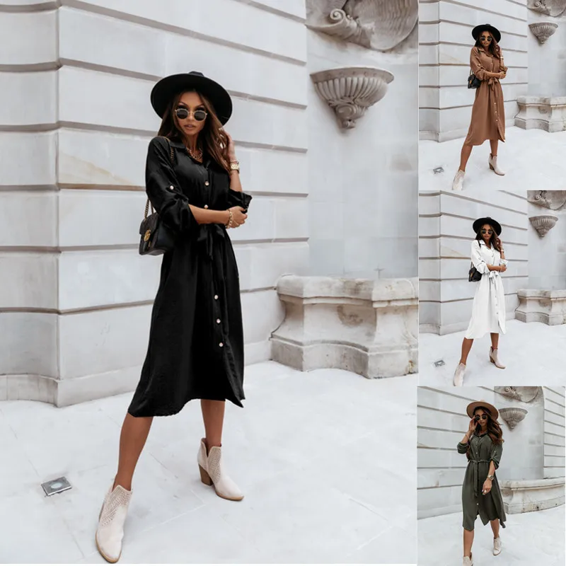 Осень-зима Однотонная рубашка макси с длинным рукавом женское платье 2021 модное