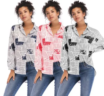 

Casual Blouse Letter Printing Newspaper Shirt Female Lapel Single-Breasted Fashion 2019 Autumn