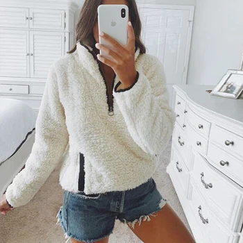 

Zipper Fleece Hoodie Women Long Sleeve Turn-down Collar Sweatshirts Autumn Winter Pocket Pullovers Warm Sweatshirts Streetwear