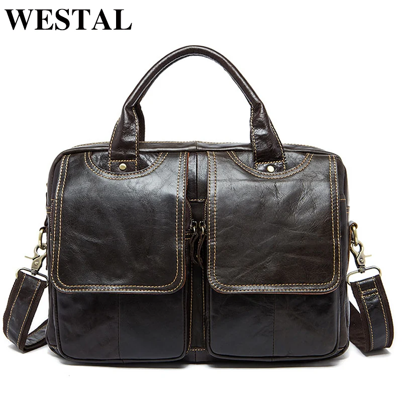 Billig WESTAL männer aktentaschen messenger tasche männer leder laptop tasche für a4 dokument büro taschen für mann totes anwalt männlichen aktentasche 8002