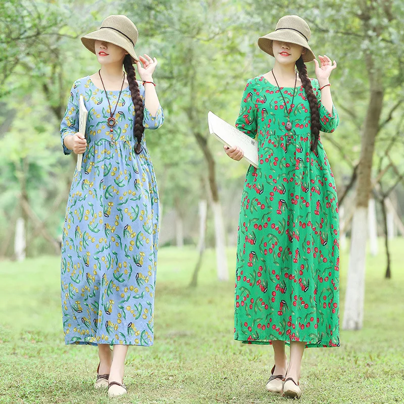 

Spring New Style Literature And Art Cotton Linen Large Size Loose-Fit Slimming Crew Neck Half-sleeve Shirt by Age Dress