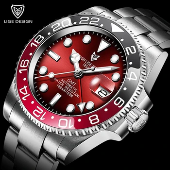 

LIGE 2020 Sports Men GMT Mechanical Wristwatch Stainless Steel 100ATM Waterproof Clock Top Luxury Brand Men Watches Reloj Hombre