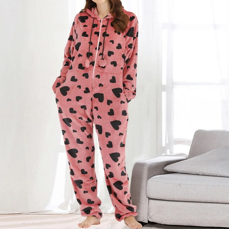 

Laamei Winter Warm Pyjamas Women Fluffy Fleece Jumpsuits Pink Sleepwear Overall Plus Size Hood Sets Cute Pajamas For Women Adult