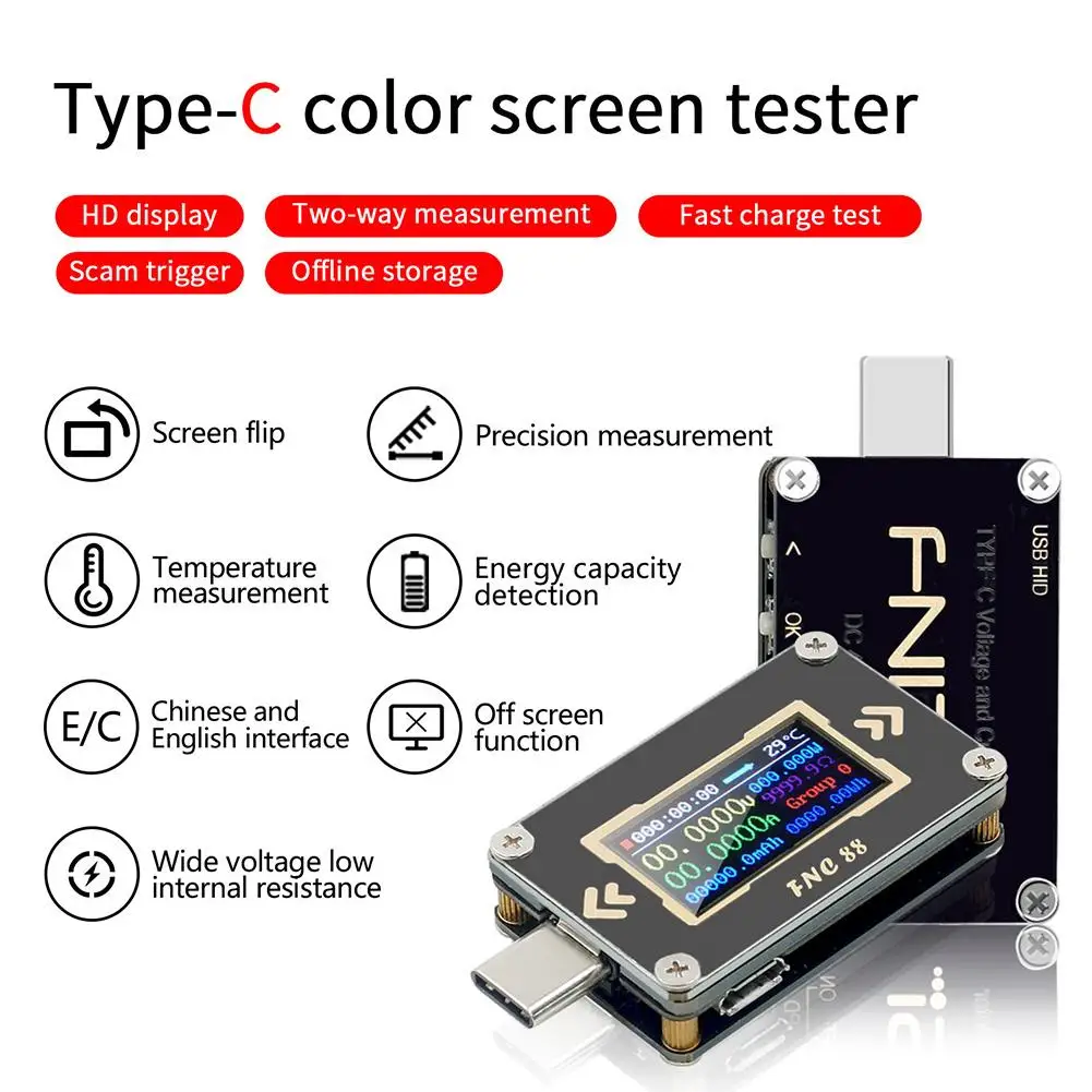 FNC88 HD Display Color Screen PD Fast Charging Detection Type-C Voltage Ammeter Capacity Temperature Measurement Tester