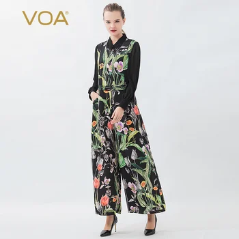 

VOA silk printed meter heavy pleated stand collar Georgette shirt long sleeve single-breasted micro-elastic jumpsuit K1230