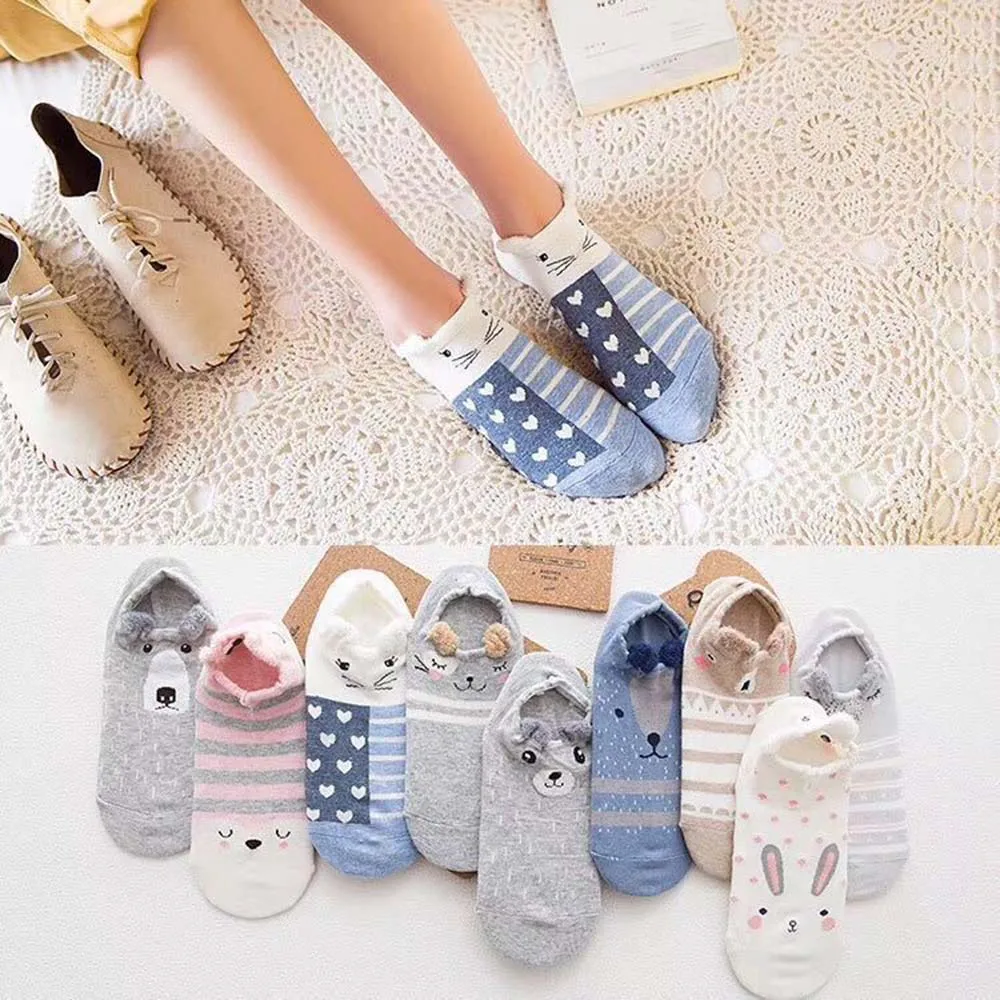 

5 pairs pack lot women socks cartoon kawaii cute japanese korean style boat short socks cotton animal socks