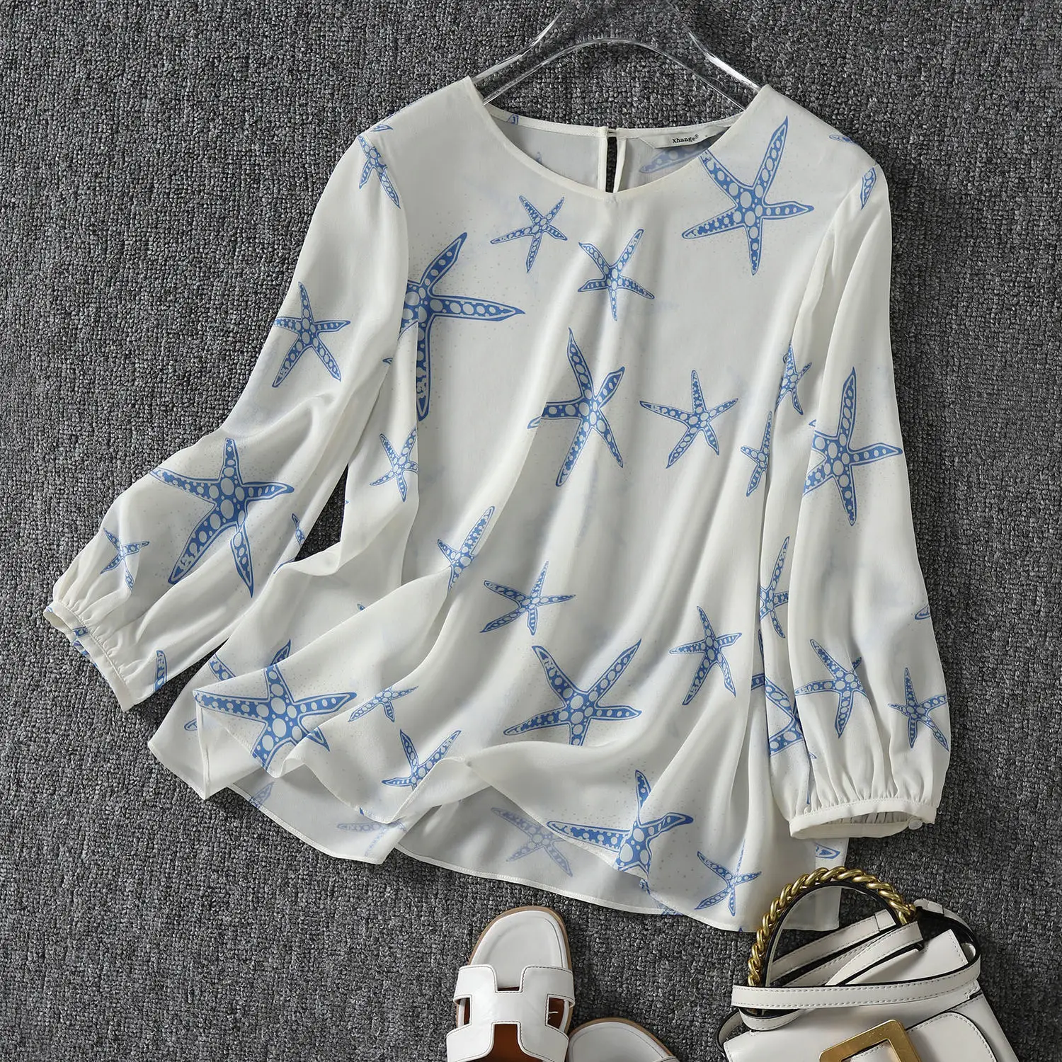 Spring Summer Chiffon Shirts Elegant Aesthetic Blouses O-Neck Print Starfish Loose Tops Ropa De Mujer Blusas MM0698 | Женская одежда