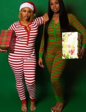 

Casual Christmas Onesies Women Striped Skinny Cartoon Pajama Long Sleeve Rompers Home Wear Sleepwear Outfit Overall Jumpsuits