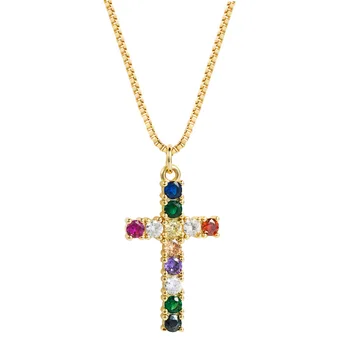 

2pcs Delicate Cross pendant with a brass micro-inlaid colorful zircon necklace