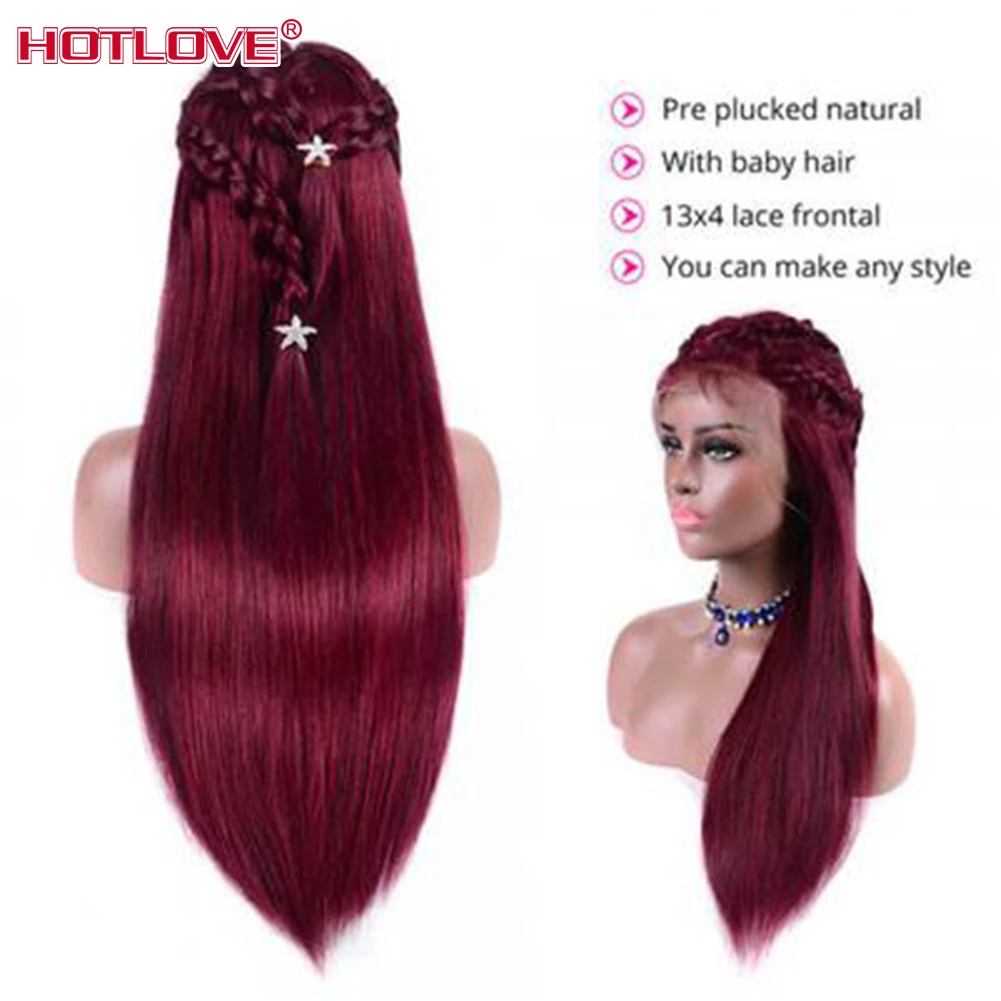 Frente do Laço Perucas de Cabelo Peruca de Cabelo Brasileiro em Linha Parte do Laço Borgonha Humano Reta Peruca Pré-arrancado Remy Cabelo 28 Polegada 99j 13*1 7 em linha reta 13*1 parte do laço