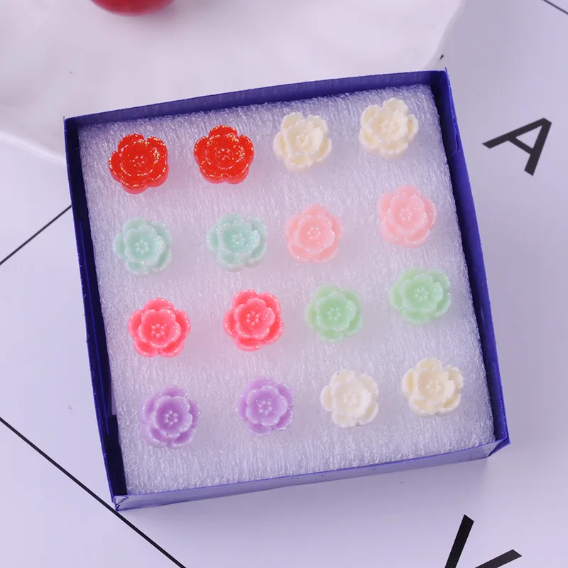 8Seasons New Fashion Colorful Rose Chrysanthemum Flower Plastic Stud Earrings Set For Women Party Club Earrings Jewelry,1Set - Metal Color: 8