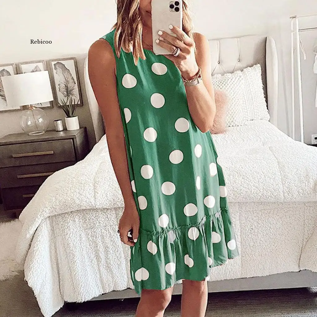 

New Ladies Summer Dresses Sundress Women Causal Dot Print Sleeveless o Neck Party Beach Dresses for Women Street Wear