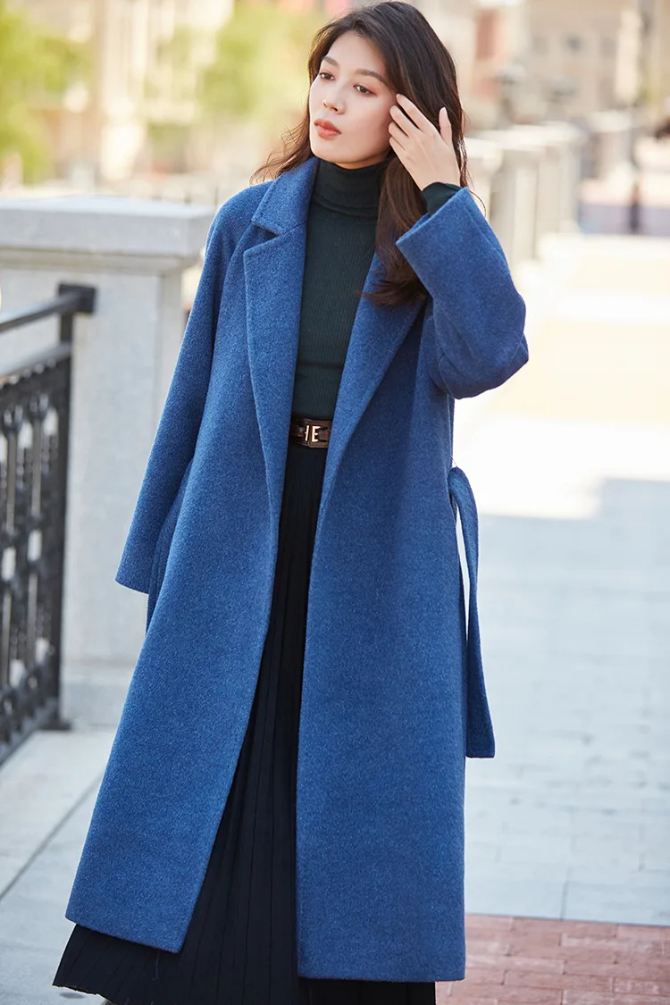 Зимнее теплое длинное шерстяное пальто для женщин, женские шерстяные пальто, толстое синее пальто из альпаки, Женское пальто, роскошные дизайнерские пальто с поясом cappotto