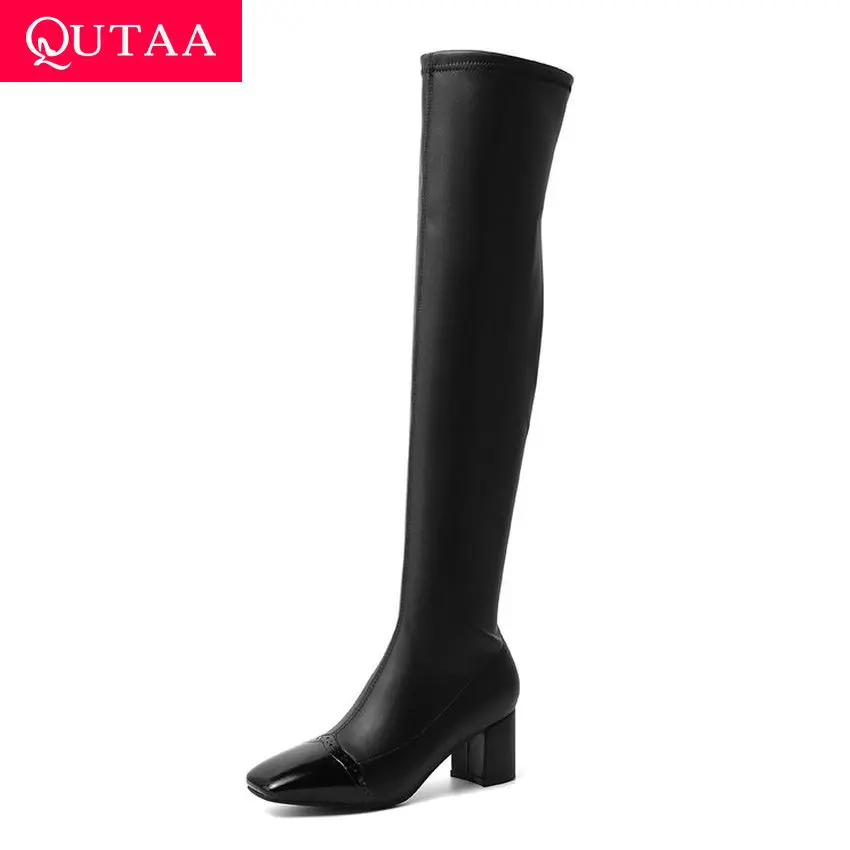

QUTAA 2020 Cow Leather PU Flock Slip on Comfort Over The Knee High Boots Square Toe Square Heel Concise Women Shoes Size 34-43