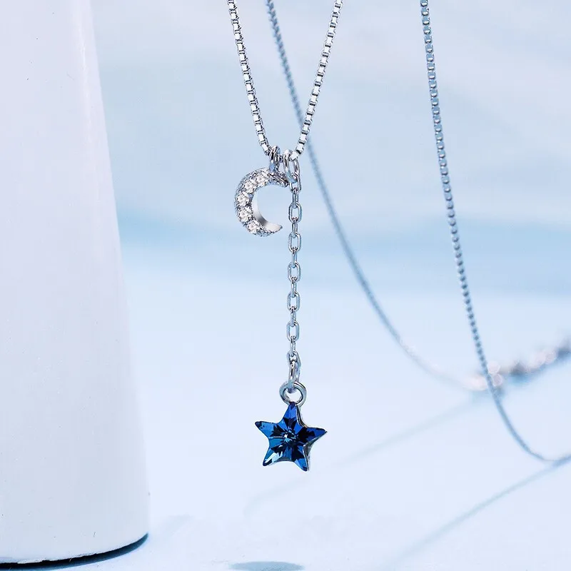

2019 Hot Sale New Pure 925 Sterling Silver Blue Stars Moon Micro-inlaid Necklace Simple Sweet Cute Small Fresh People Jewelry