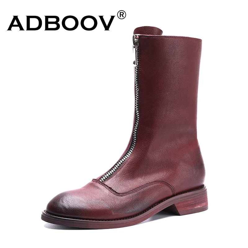 

ADBOOV Genuine Leather Boots Women Front Zip Ankle Boots Ladies Height Increasing 6 CM Riding Boots Female Laarzen Dames