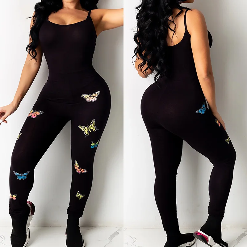 BKLD One Piece Outfit Women 2021 New Fashion Butterfly Printed Sexy Spaghetti Strap Bodycon Jumpsuit Black Party Clubwear