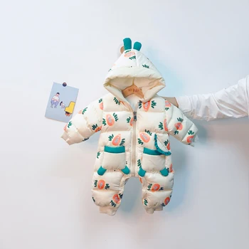 

Cute Infant Baby Snowsuit Thick Warm Newborn Baby Down Romper Down Cotton Filling Wool Liner Hooded Baby Jumpsuit Outwear Parkas