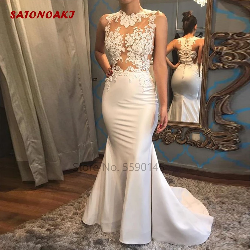 Elegant White Satin Mermaid See Through Prom Dress 2022 Lace Appliques Sleeveless Evening Gowns Vestidos Robe Mariée Custom Made burgundy prom dresses