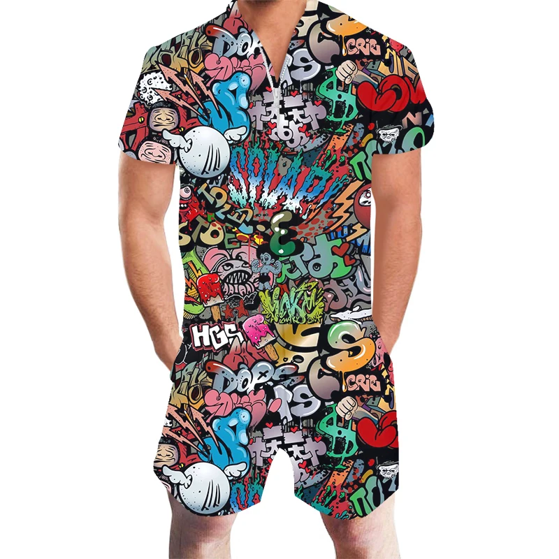 OGKB Summer Men's Rompers Horror Graffiti Print 3D Zipper Short Sleeve Hawaiian Jumpsuit Streetwear Casual Homewear Oversize 6XL