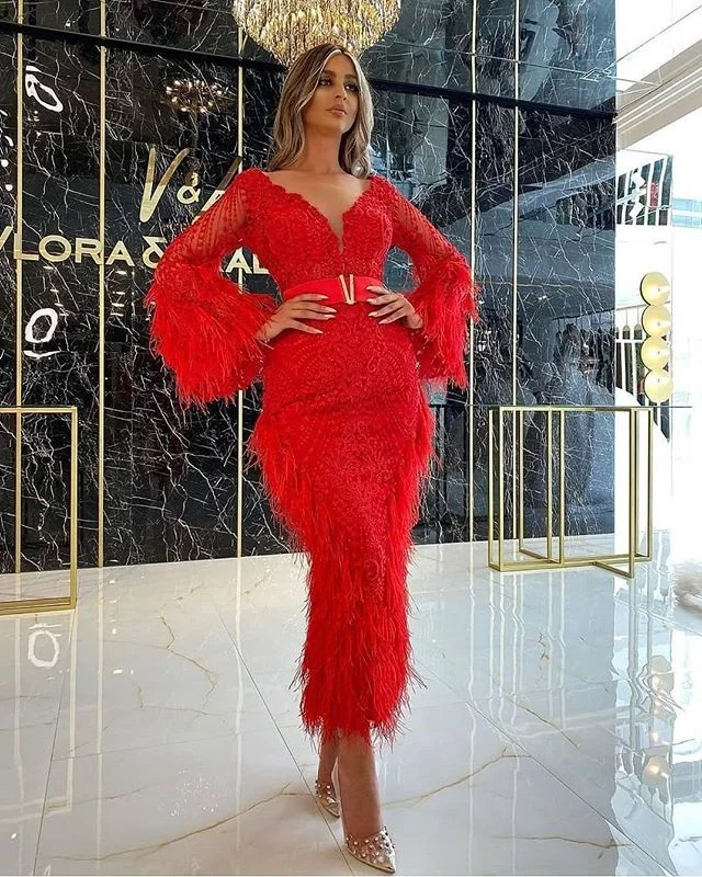 Champagne Feather Lace Cocktail Dresses Long Pagoda Sleeve V Neck Ankle Length Short Prom Gown Party Dresses