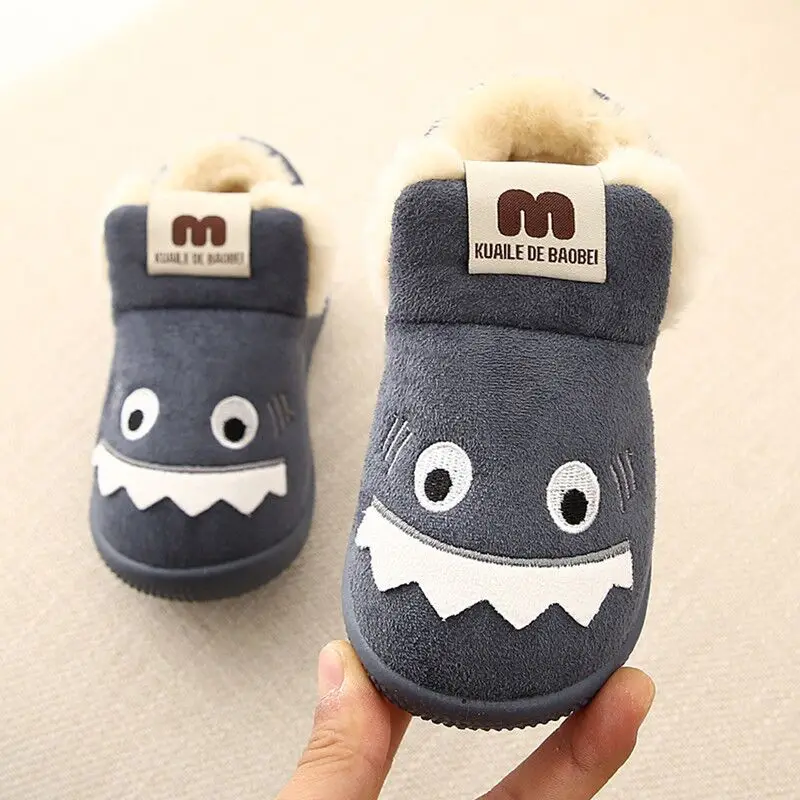 Winter Kids Home Boots Shoes Cartoon Children's Slippers Kids Girls Shoes Plus Velvet Anti-slip Boys Slippers Girls Snow Boots - Цвет: Gray