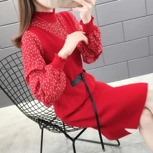 5054p область 16 справа]-настоящая фотография-весеннее Новое комбинированное платье с мехом и двумя половинными воротниками 65