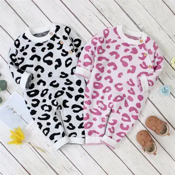 

0-18m Cute Newborn Baby Winter Clothes Boy Girl Leopard Striped Knitted Sweater Romper Toddler Kids Jumpsuit Warm Playsuit
