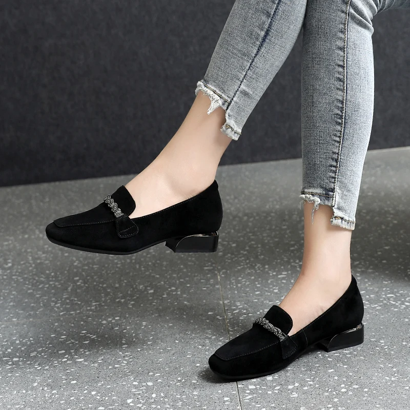 Autumn Winter Women Loafers Low Heels Boat Shoes Square Toe Dress Shoes Chain Faux Suede Plush Warm Ladies 8409N