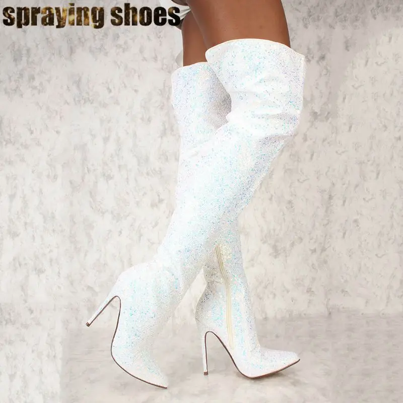 Пикантная белая блесточка; сапоги до бедра с острым носком и блестками; Женская модная зимняя обувь; женские ботфорты на шпильке