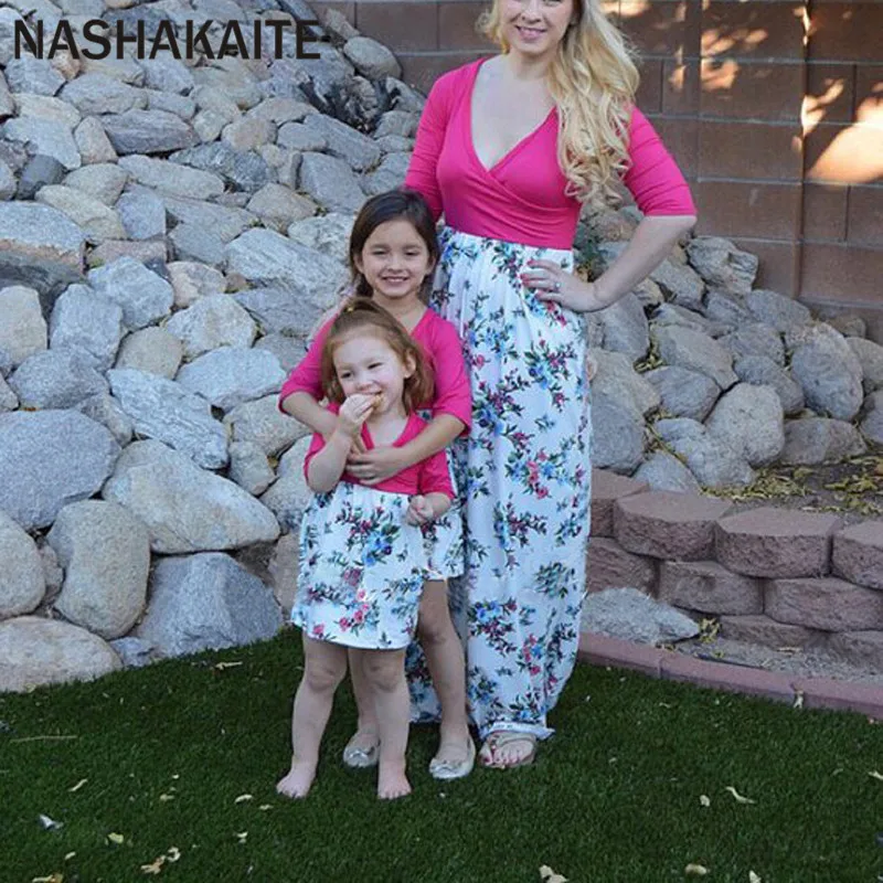 

NASHAKAITE Mother Daughter Dresses Autumn Half Sleeve Deep V-neck Matching Dress Mommy and me dress mum daughter clothes