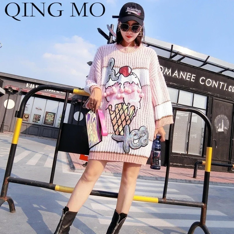 QING MO Women Pink Big Ice Crean Print Sweater Dress 2021 Autumn Winter Letter Sequin Pullovers Oversize ZQY1197 | Женская одежда