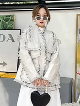 

Autumn Spring Korean Style Women's High Quality Ruffles Genuine Leather Loose V-neck Jackets B098