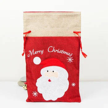 

Christmas Linen Cloth Gift Bags Embroidered Drawstring Treat Bag Christmas Stocking Holders Holiday Party Supplies Santa Sacks