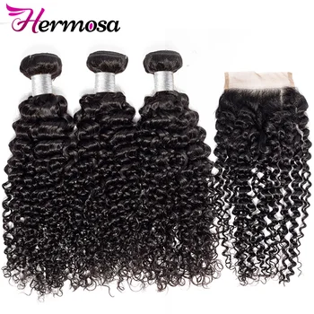 

Hermosa Brazilian Kinky Curly Hair With Closure Human Hair 3 Bundles With Lace Closure Remy Hair Weave Extension With Closure